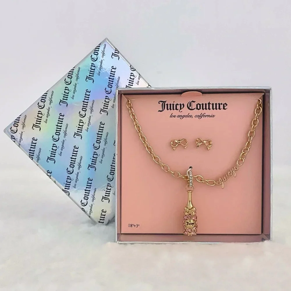 Juicy Couture Rhinestone Pink Champagne Bottle Necklace & Bow Earrings Gift Set